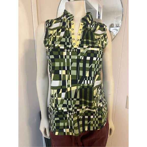 Jamie Sadock Womens Medium Pullover Golf Top Green Abstract Sleeveless Snap Neck - Picture 1 of 10